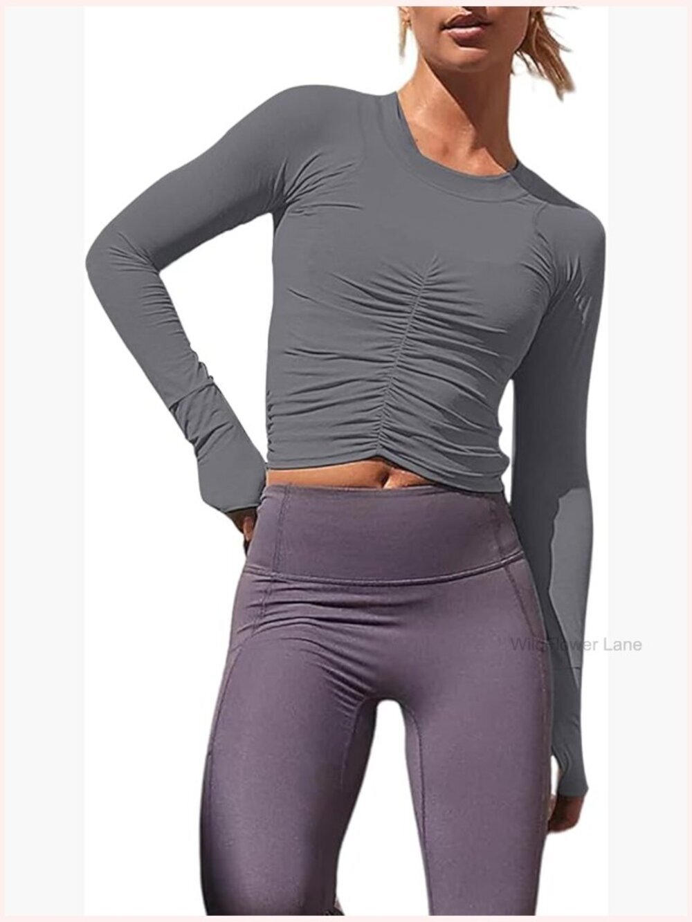 Ruched Long Sleeve Cropped Yoga Top Slim Fit Athletic Blouse